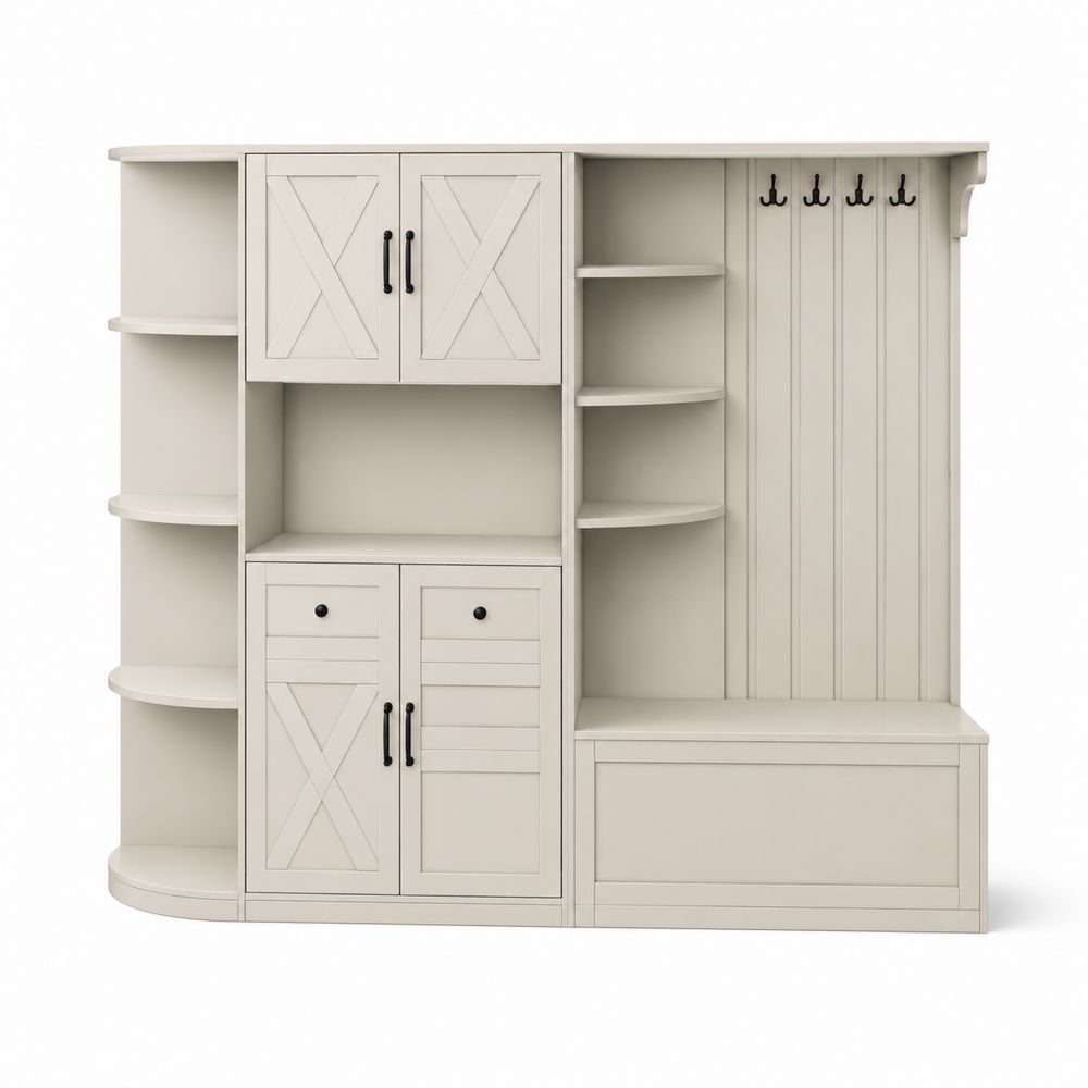 Conjunto de perchero con estanterías y banco en Madera Beige