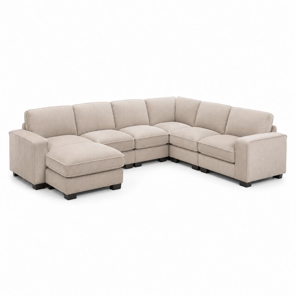Sofá Seccional Esquinero de Tela Corduroy Beige con Chaise Longue