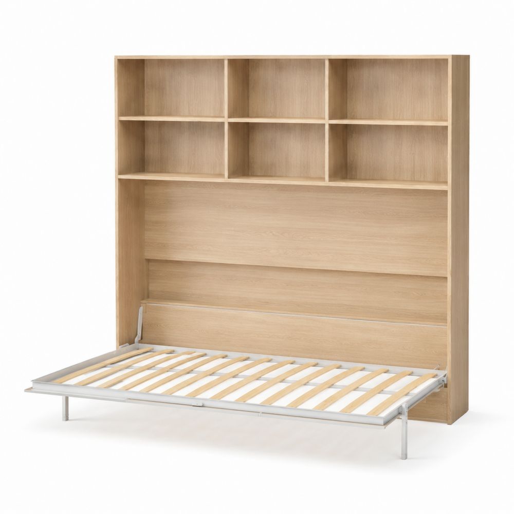 Cama abatible con almacenamiento y estantería de madera de roble, 200x90 cm
