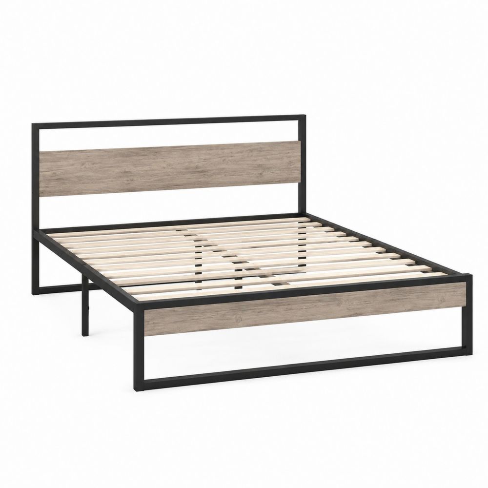 Cama de metal y madera MDF 200x150 cm Negro/Marrón