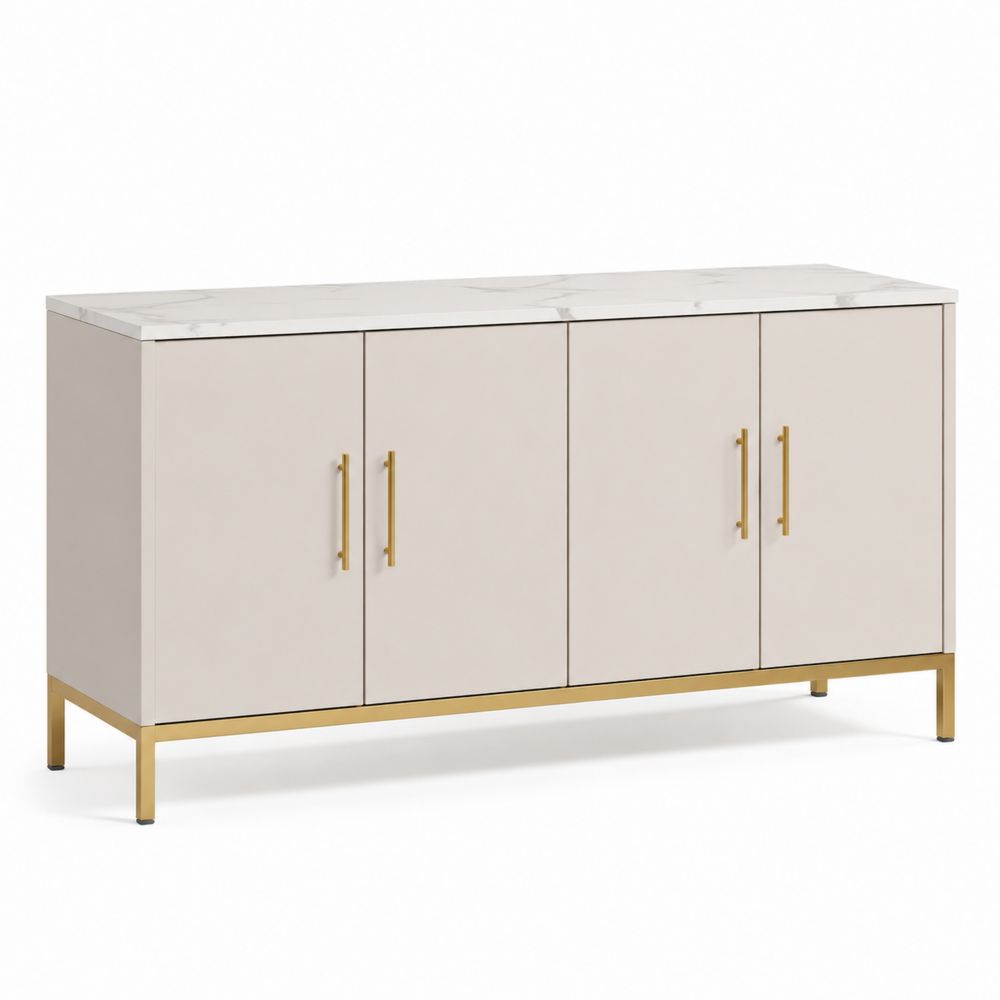 Aparador de 4 puertas en MDF y metal con superficie de mármol sintético