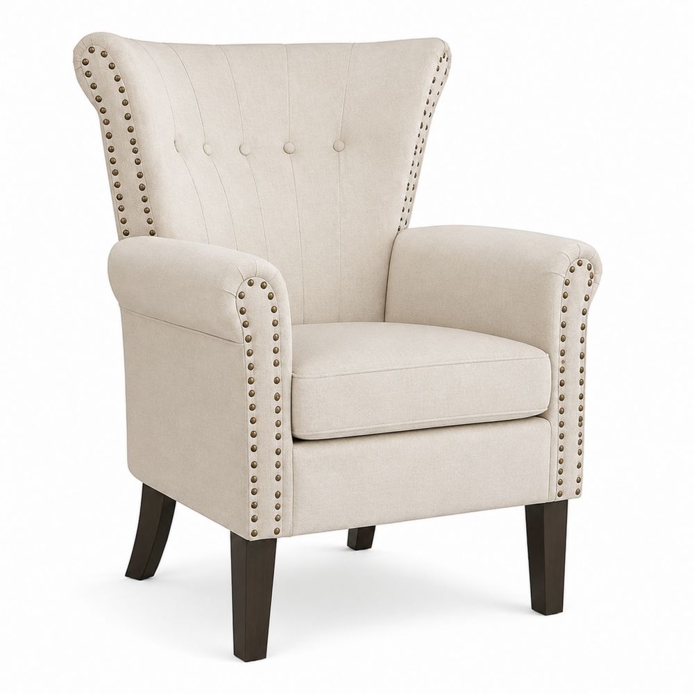 Sillón de Tela Beige con Tachuelas y Patas de Madera