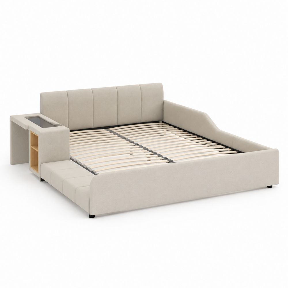 Cama de Tela Beige con Cabecero y Estante de Madera