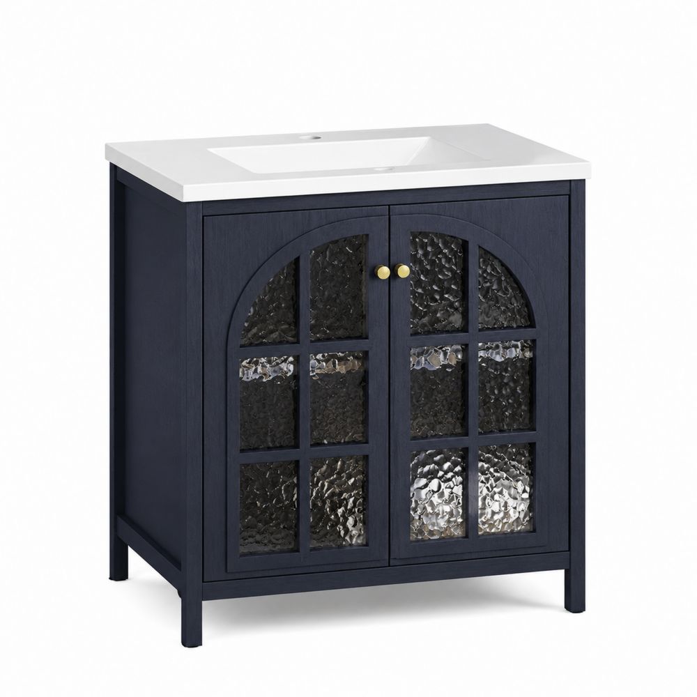 Mueble de lavabo de madera con puertas de vidrio templado martillado