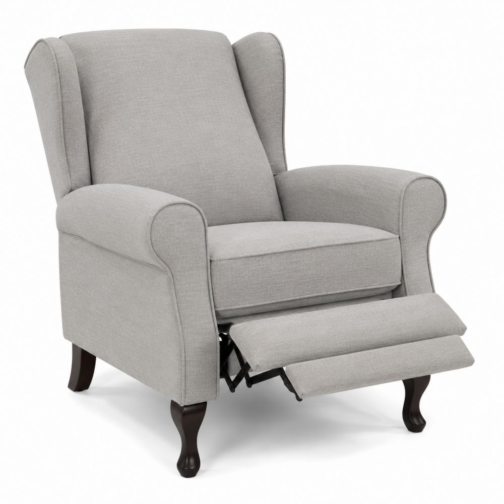 Sillón reclinable de tela gris claro con patas de madera