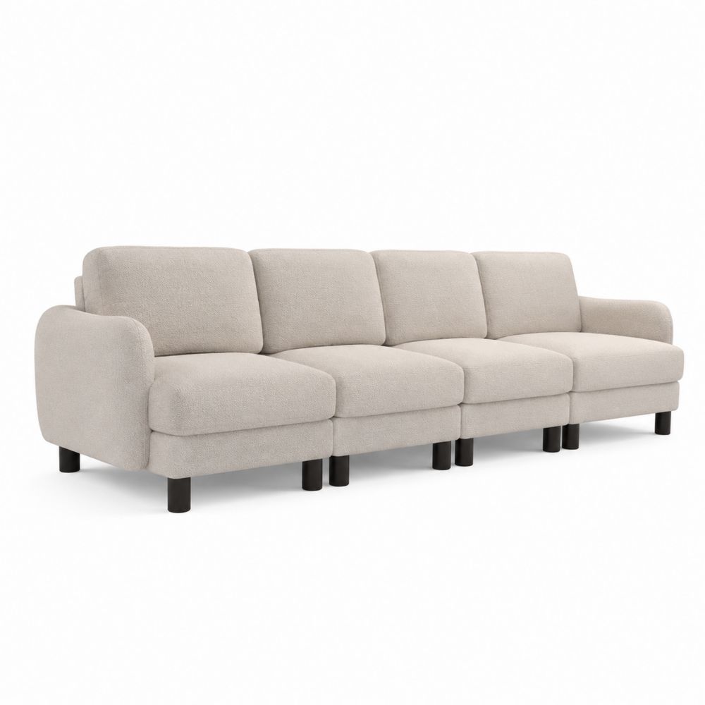 Sofá modular de 4 plazas en tela de poliéster beige con patas de madera