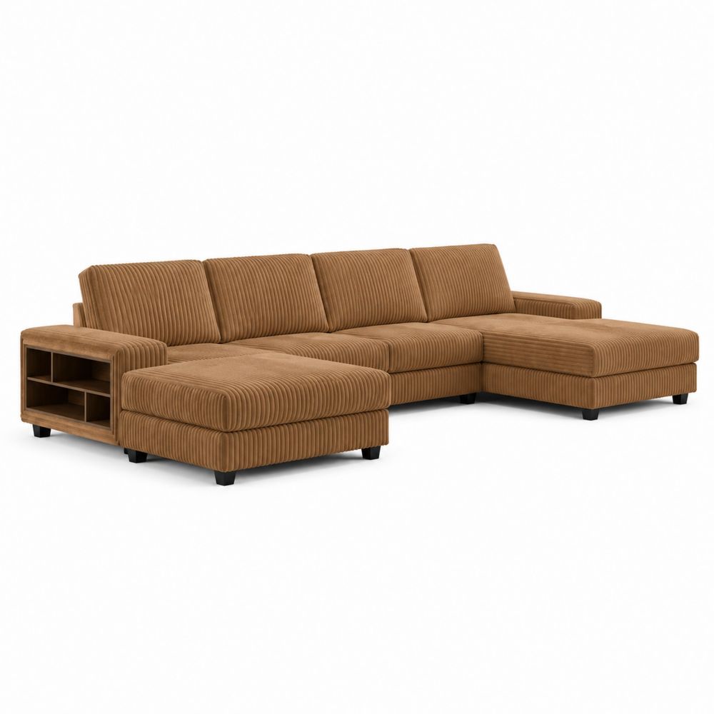 Sofá modular en forma de L de pana marrón con almacenamiento