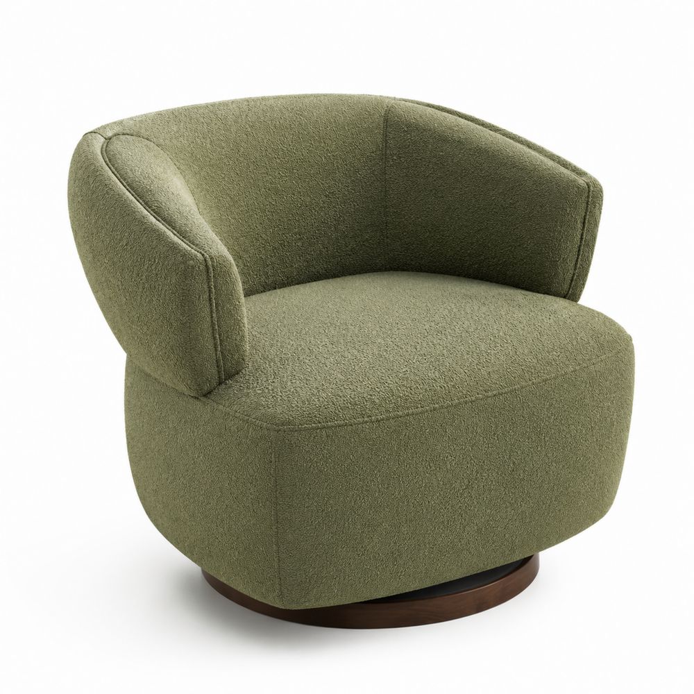 Silla giratoria de tela bouclé verde con base de madera maciza