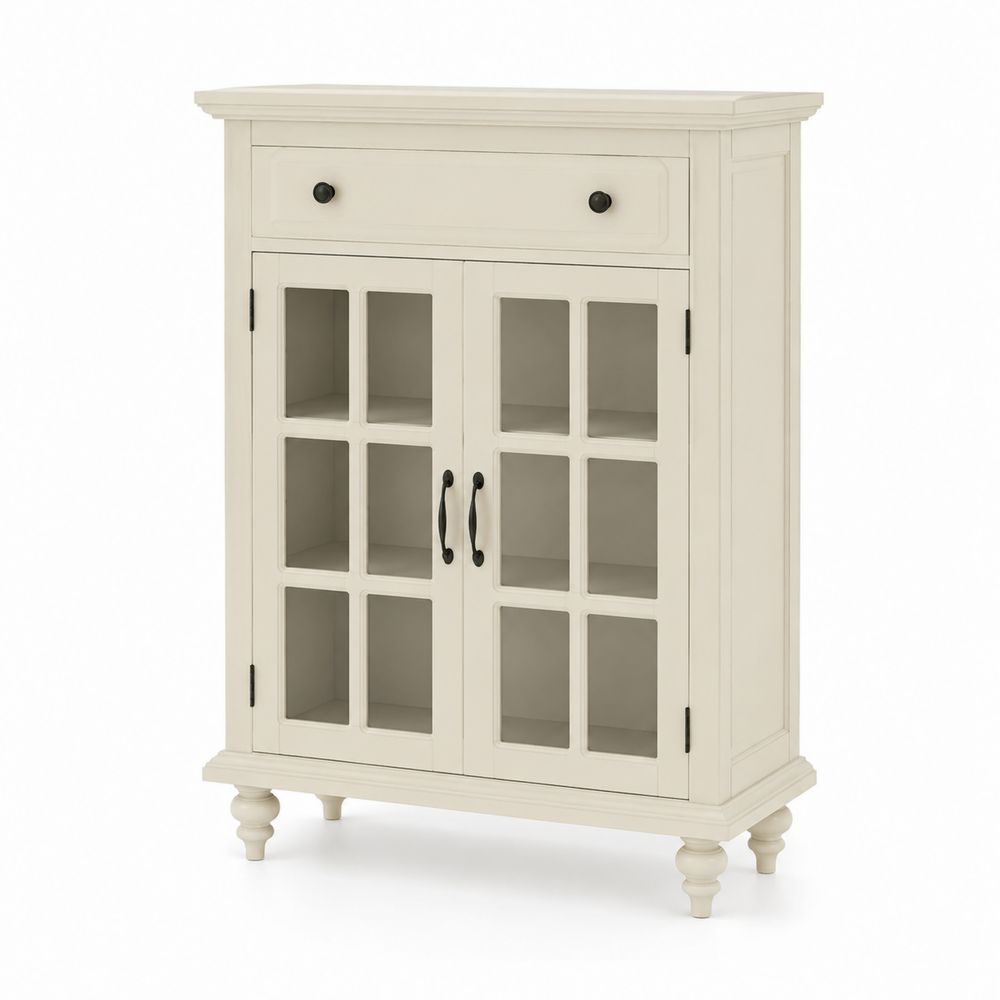 Aparador de Madera con Puertas de Vidrio Templado y Cajón 75x40x110 cm Blanco