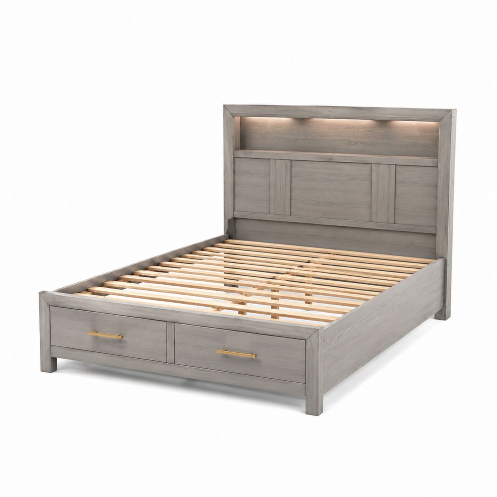 Cama de Madera de Pino con Iluminación LED y Cajones Gris