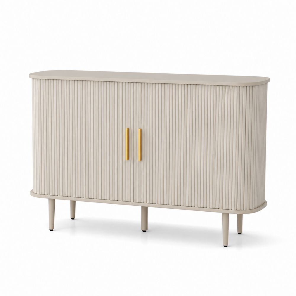 Aparador curvado de madera de abedul con asas doradas, 150x40x80 cm, Gris y Dorado