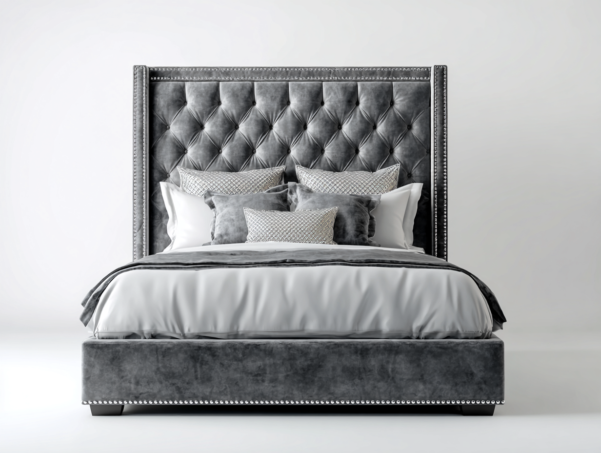 Camas dobles tapizada en terciopelo 212x178x142 cm gris para dormitorio - diseño capitoné elegante-Danaiaroom