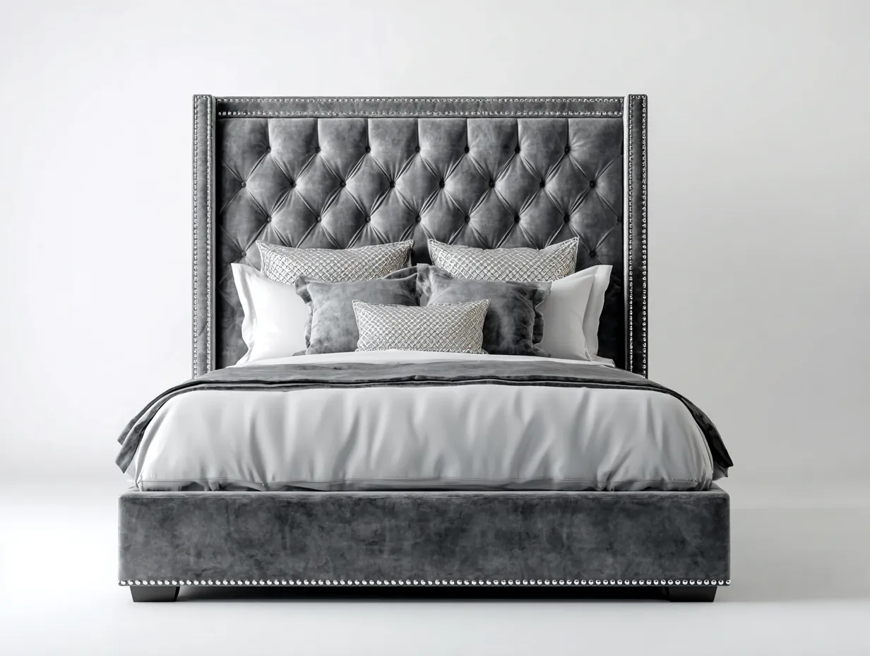 Camas dobles tapizada en terciopelo 212x178x142 cm gris para dormitorio - diseño capitoné elegante-Danaiaroom