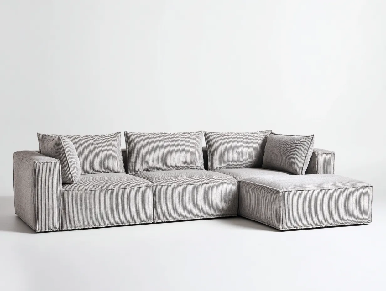 Sofá esquinero de tela acanalada 286x168x76 cm - gris perla - chaise amplia y brazos rectos para salón-Vilinzihome