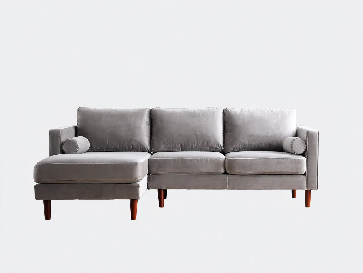 Sofá esquinero de terciopelo 258x162x82 cm - gris plata y patas nogal - estilo clásico actual para salón-Vilinzihome