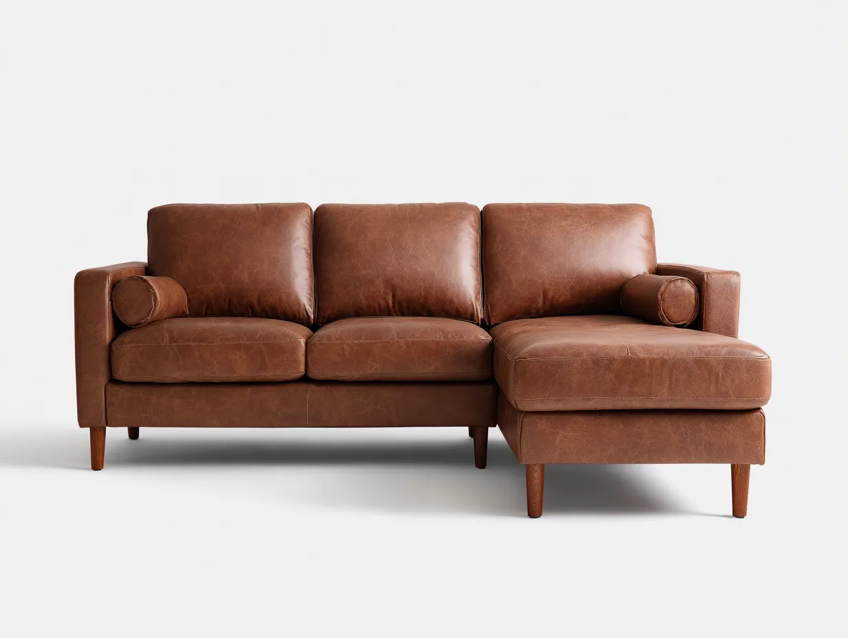 Sofá esquinero efecto cuero 262x160x84 cm - marrón coñac y patas madera - estilo vintage para salón-Vilinzihome
