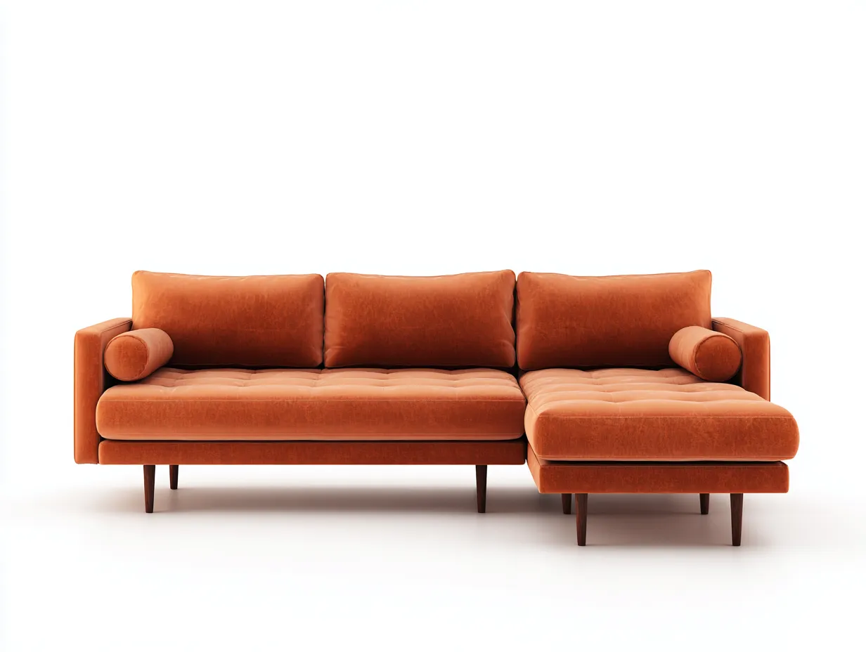 Sofá esquinero capitoné 258x160x82 cm - naranja óxido y patas oscuras - diseño retro para salón-Vilinzihome