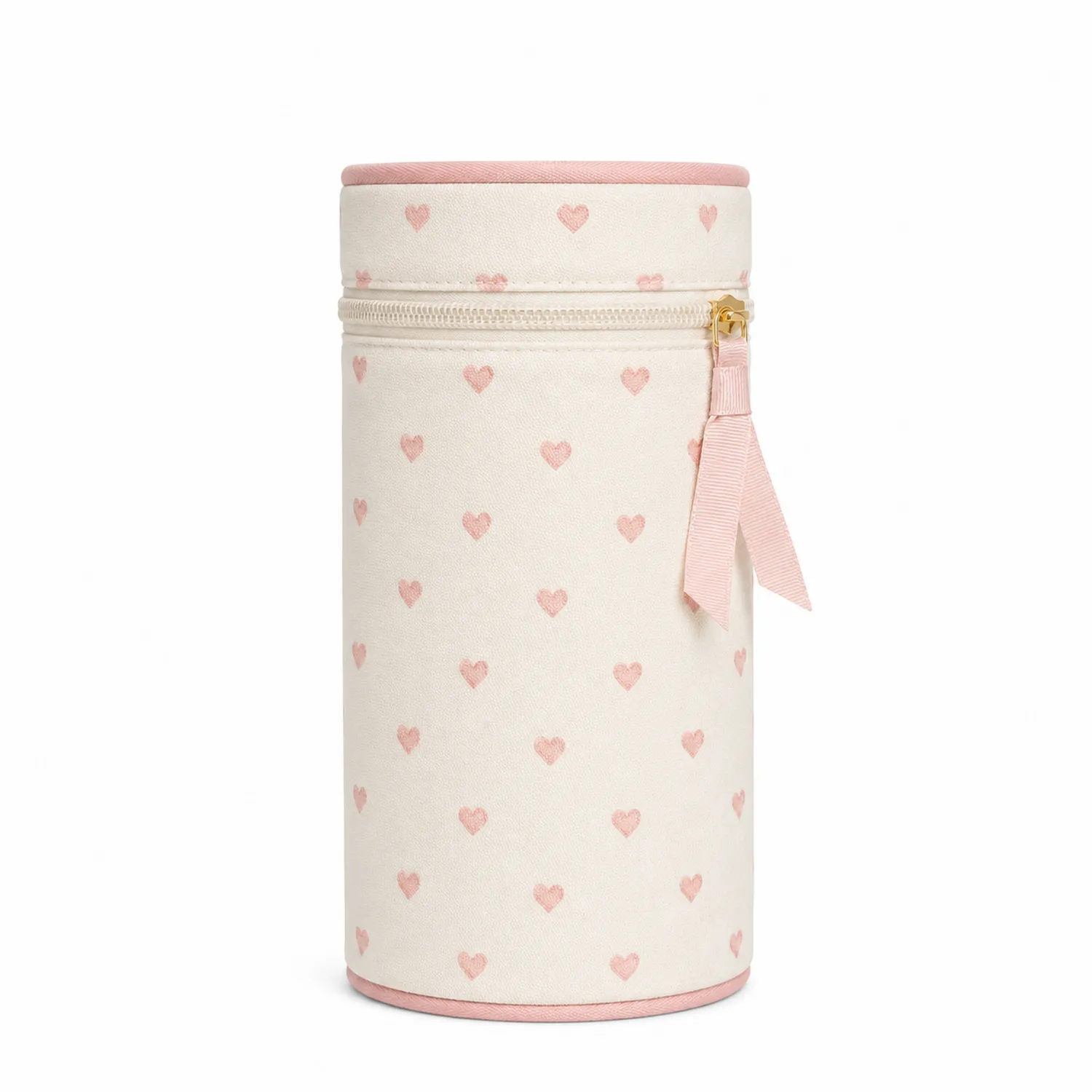 Neceser cilíndrico con cremallera estampado de corazones en beige y rosa