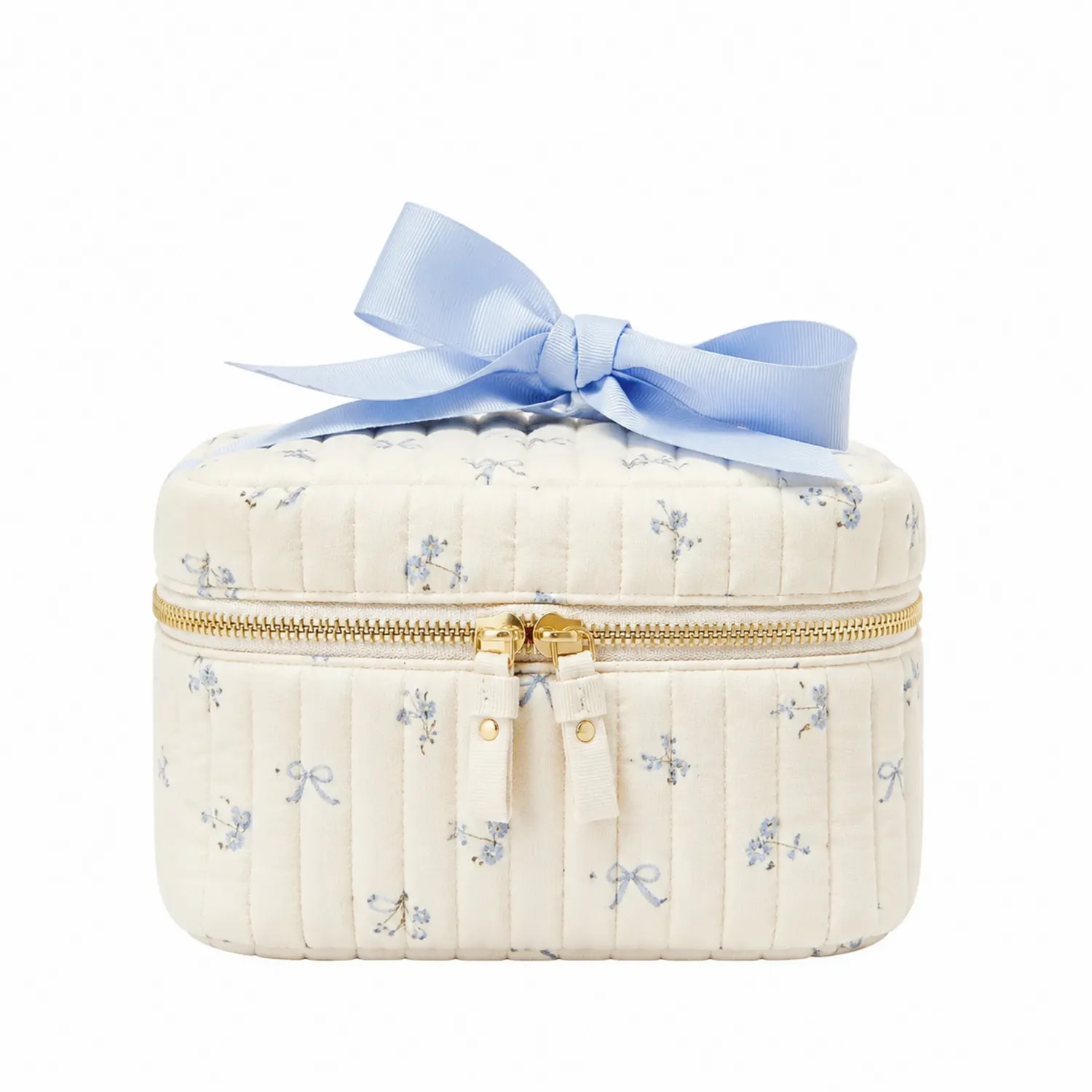 Neceser acolchado con lazo azul y estampado floral