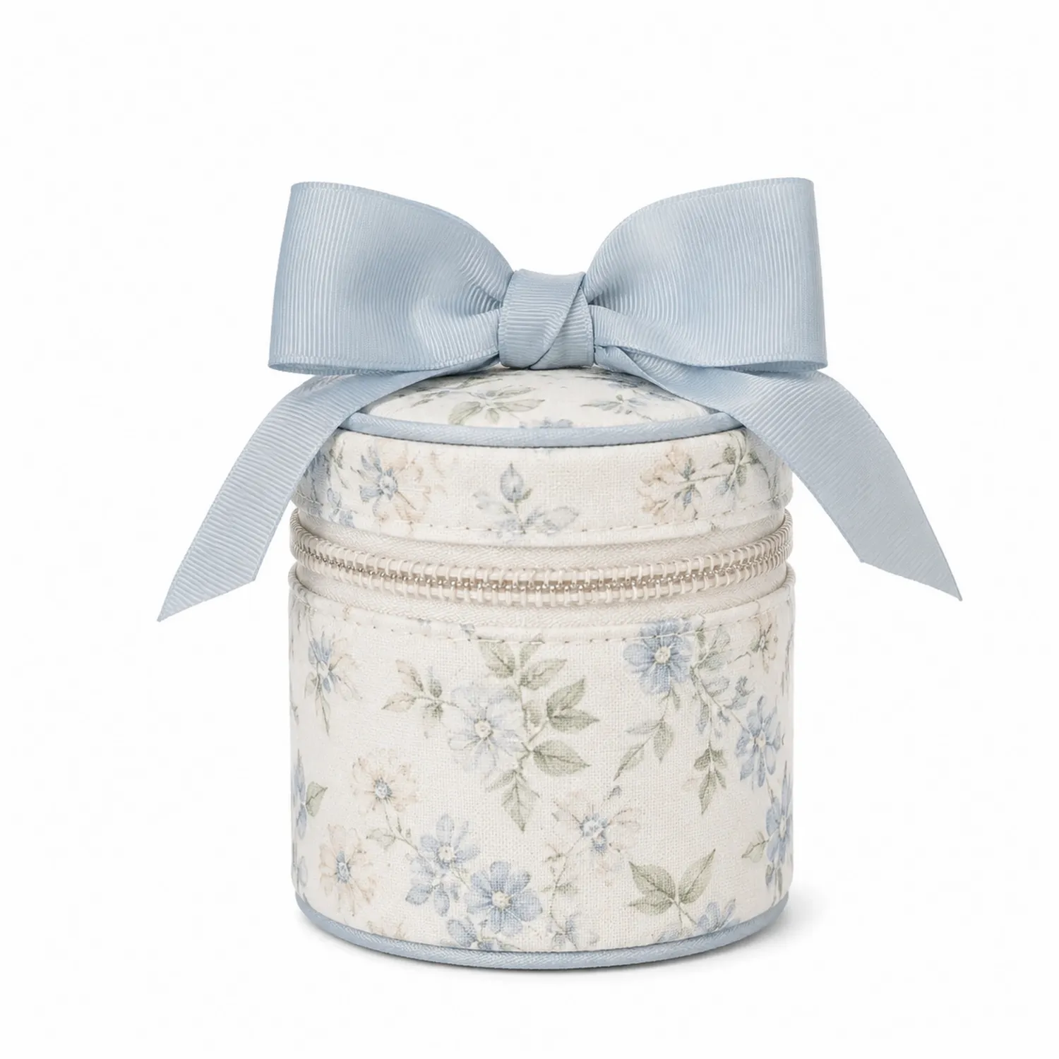 Caja decorativa cilíndrica floral con lazo azul