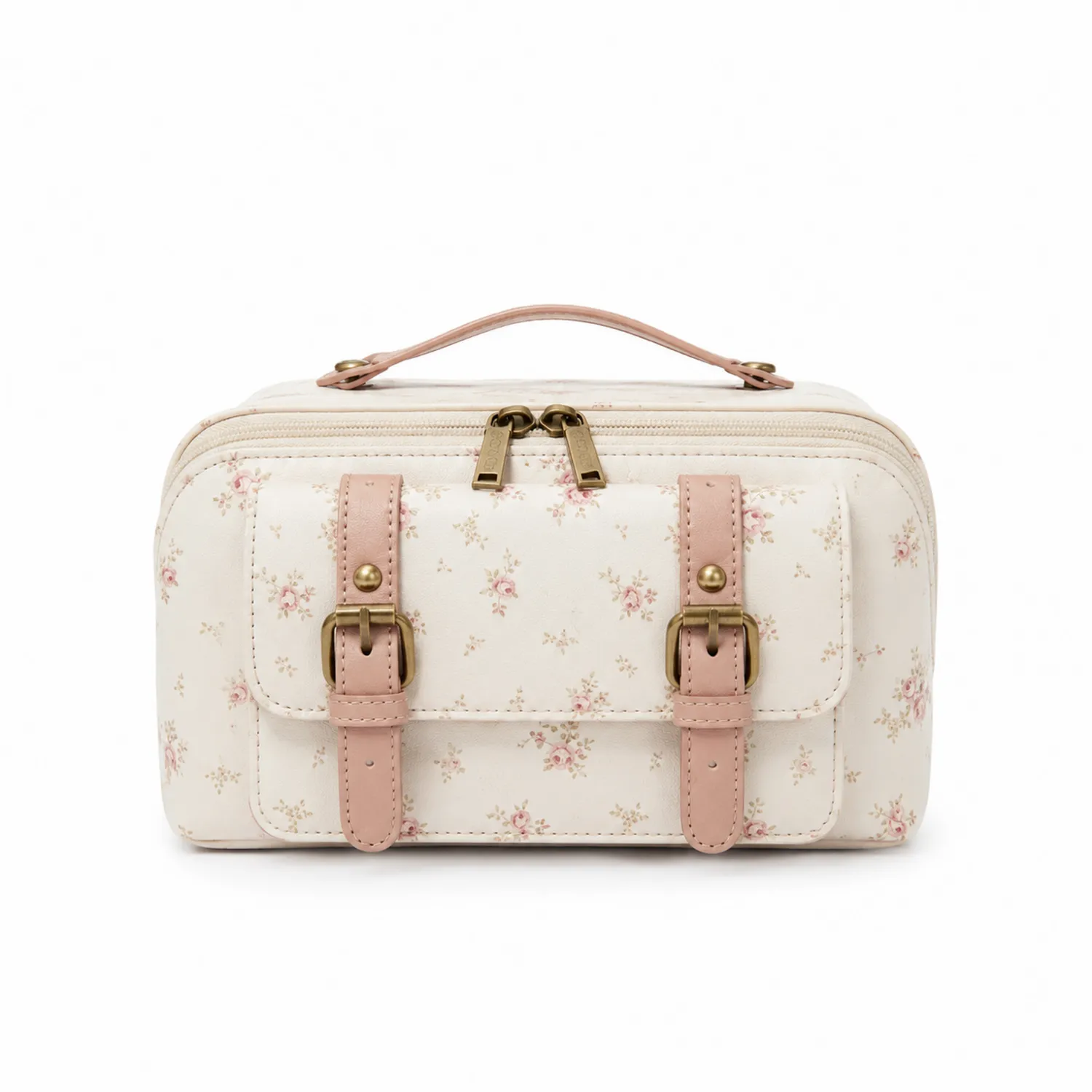 Neceser Floral Rectangular Crema y Rosa con Hebillas Decorativas