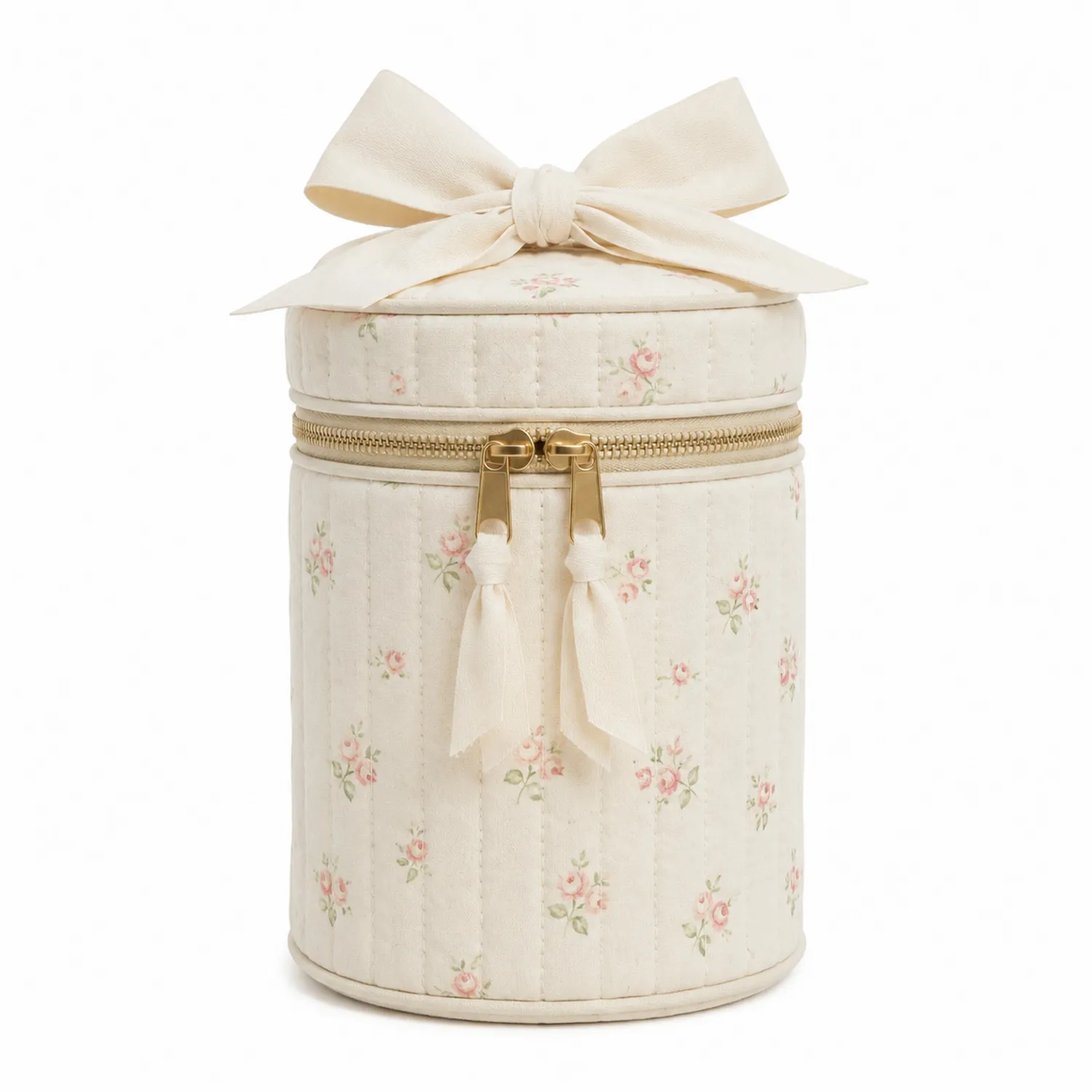 Neceser cilíndrico floral crema con lazo decorativo