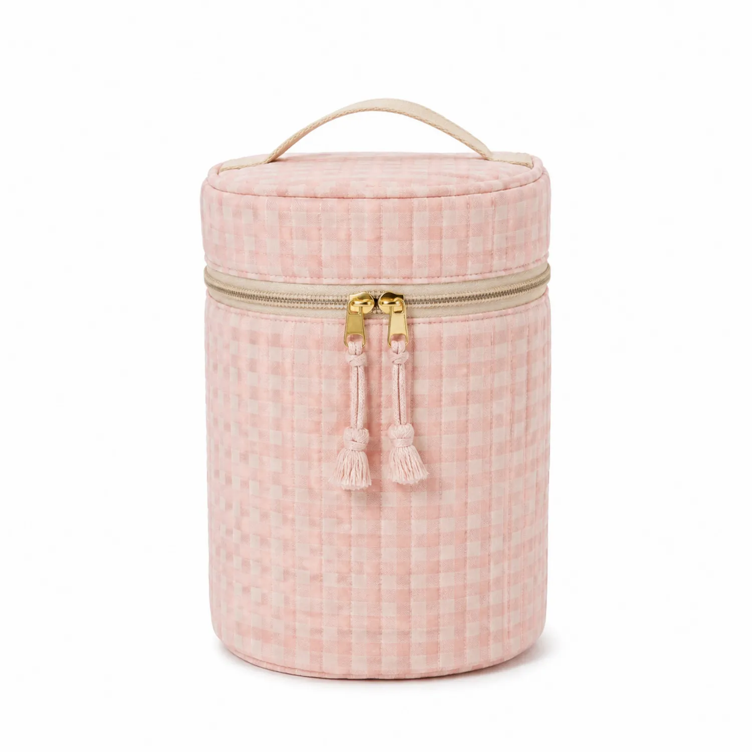 Bolsa Cilíndrica de Maquillaje Tela Acolchada Rosa Pastel