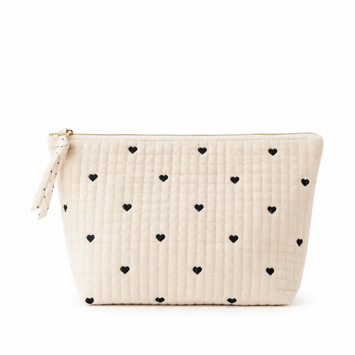 Neceser Acolchado con Estampado de Corazones Beige y Negro
