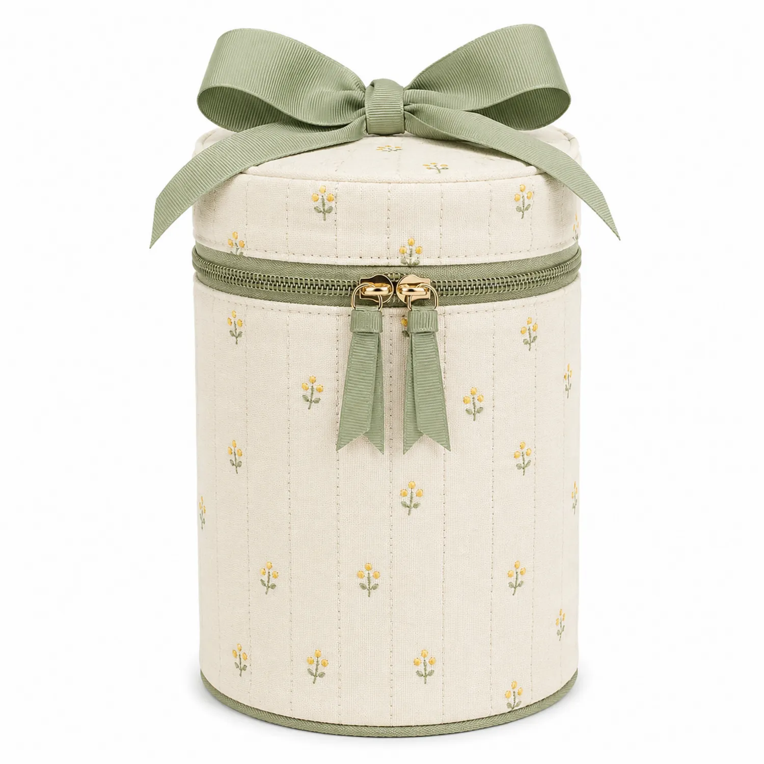 Bolsa de Maquillaje Cilíndrica Floral Beige con Lazo Verde