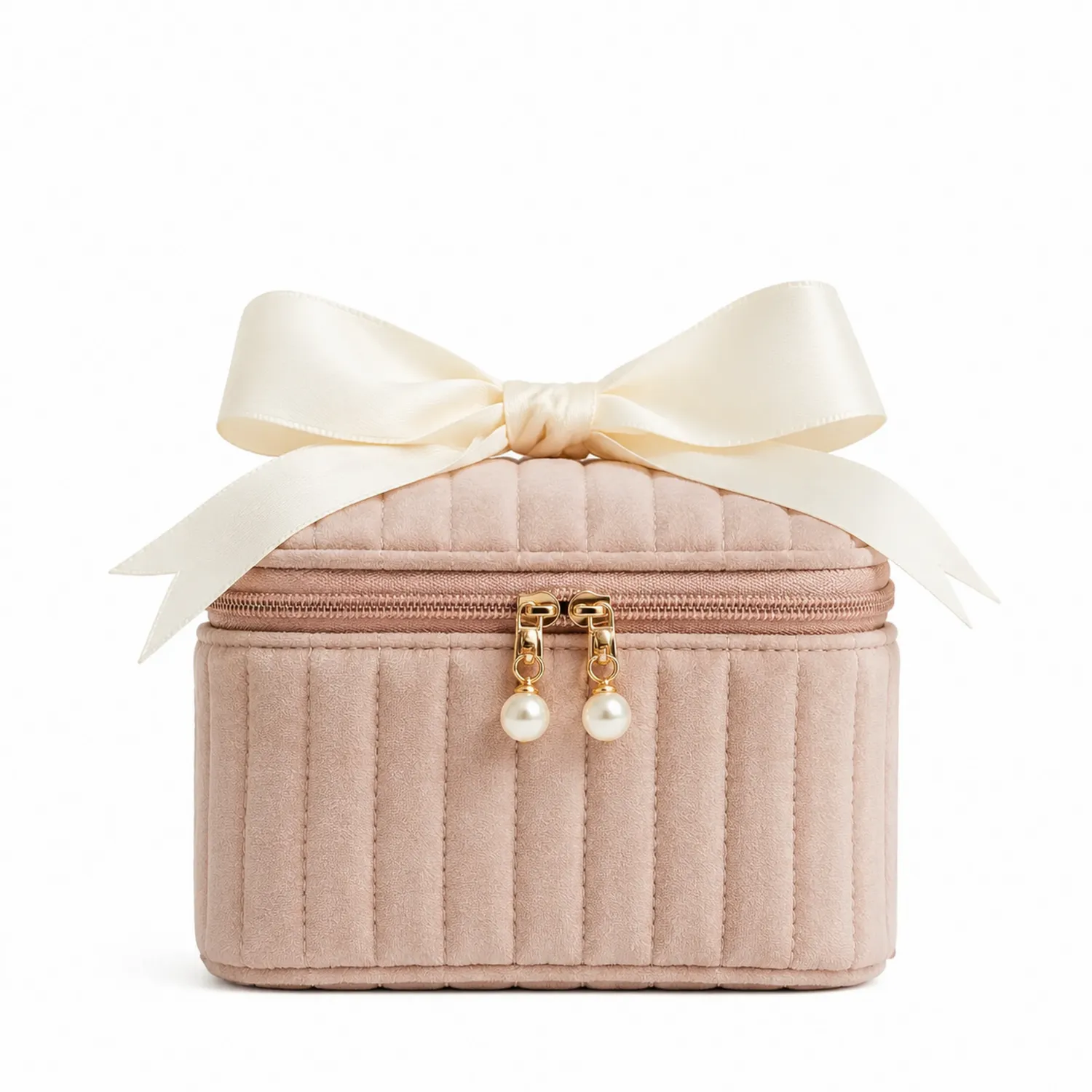 Caja de Maquillaje Beige con Lazo y Detalles de Perlas