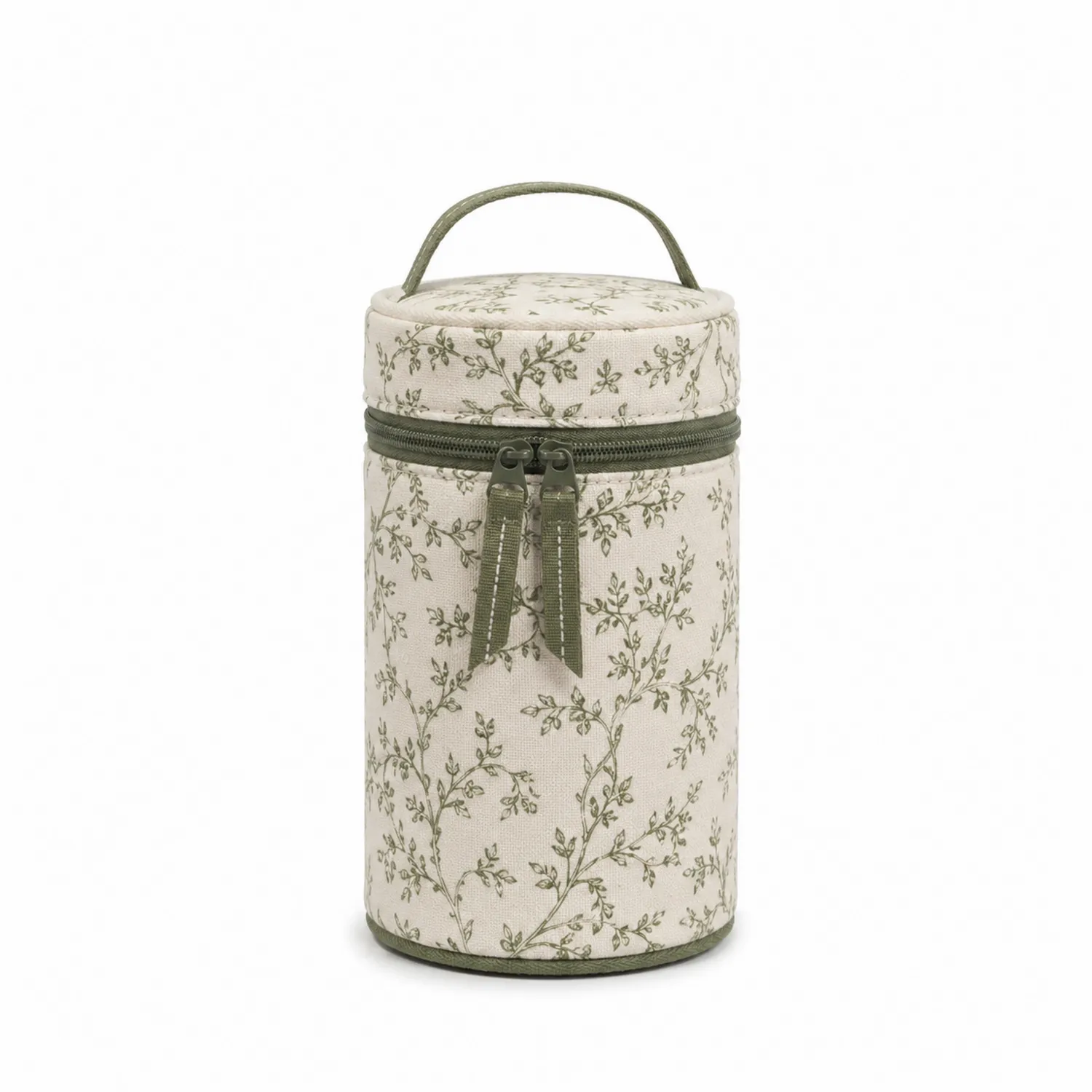 Bolsa de Maquillaje Cilíndrica Floral Verde y Crema