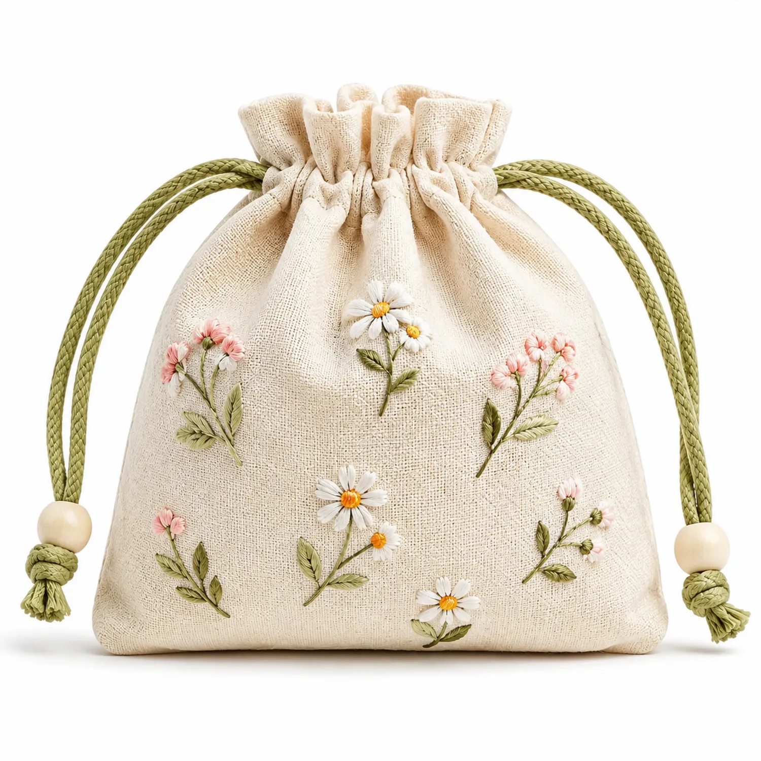 Bolsa de Mano Beige con Bordado Floral y Cordón Verde