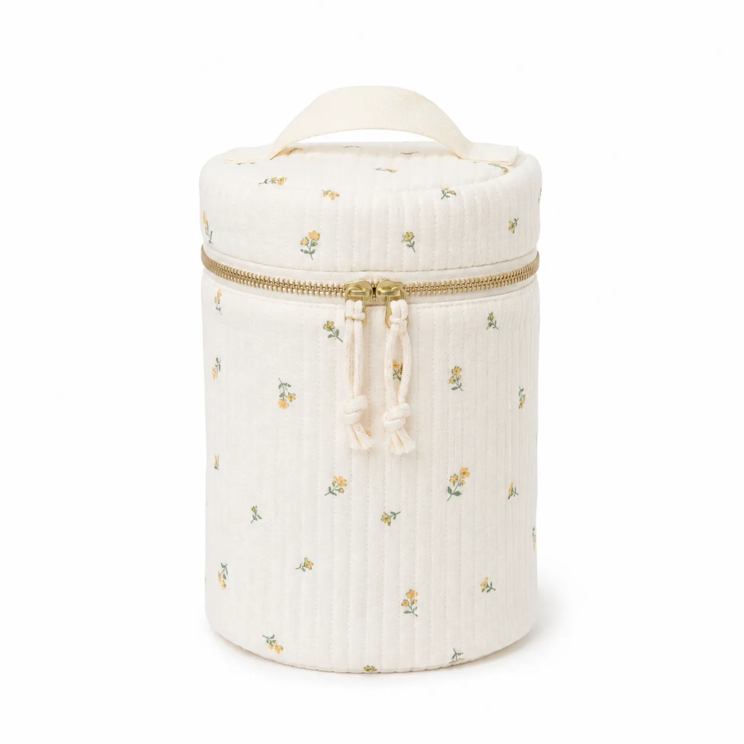 Bolsa de Maquillaje Cilíndrica Beige con Estampado Floral