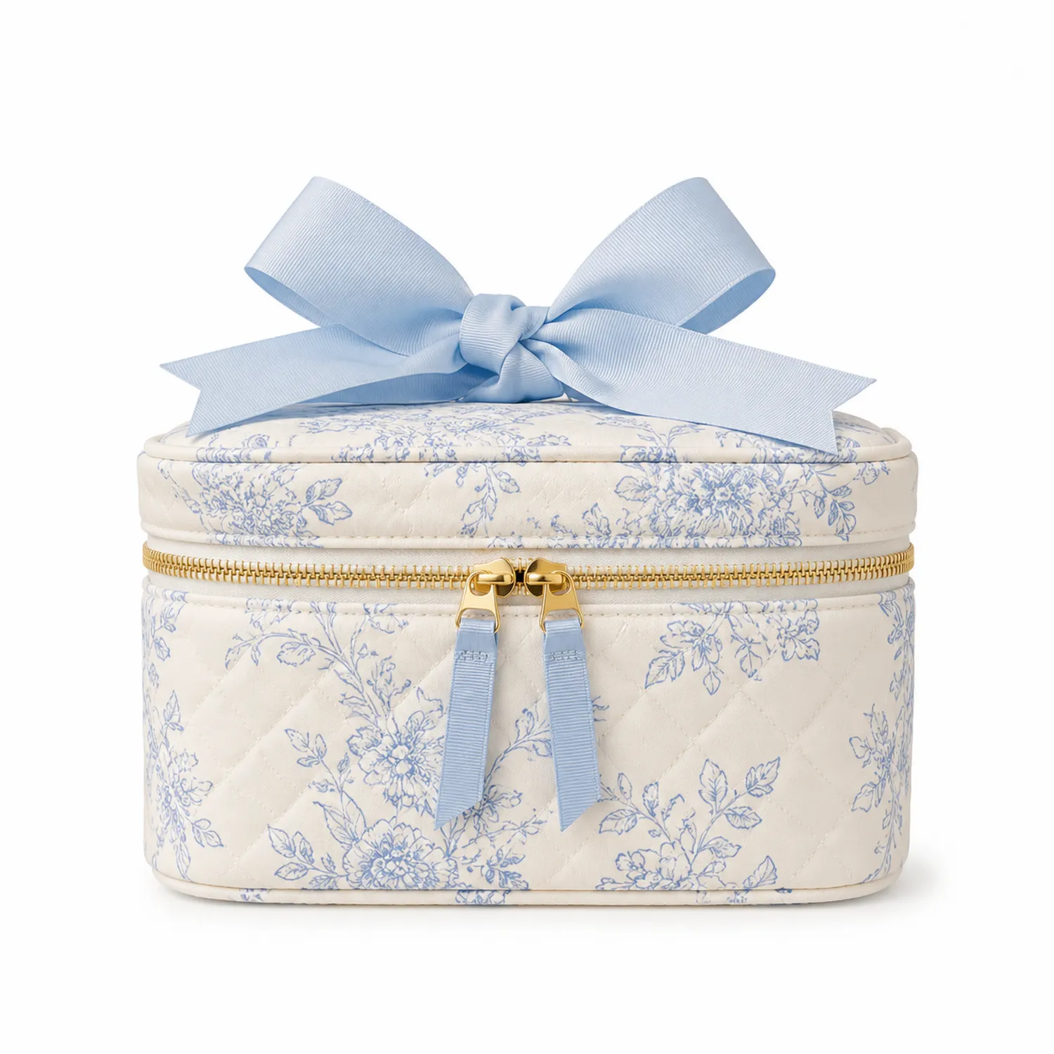 Neceser cosmético acolchado con lazo azul y estampado floral