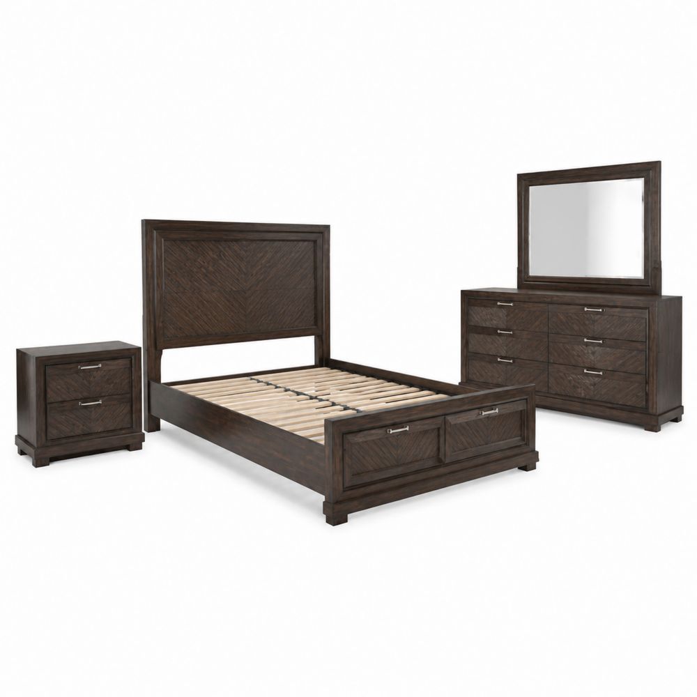 Conjunto de dormitorio de madera chapada marrón oscuro con cama, mesita de noche y cómoda con espejo
