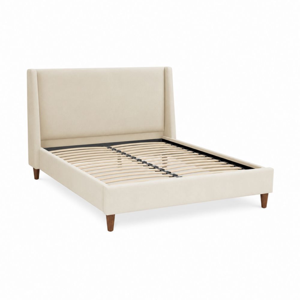 Cama tapizada de poliéster beige con patas de madera de haya