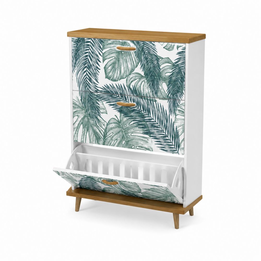 Zapatero de MDF y Madera de Pino con Estampado de Hojas Tropicales 3 Puertas