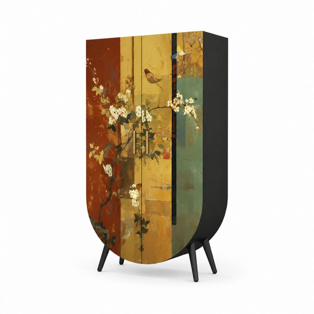 Armario de madera y metal con diseño floral multicolor