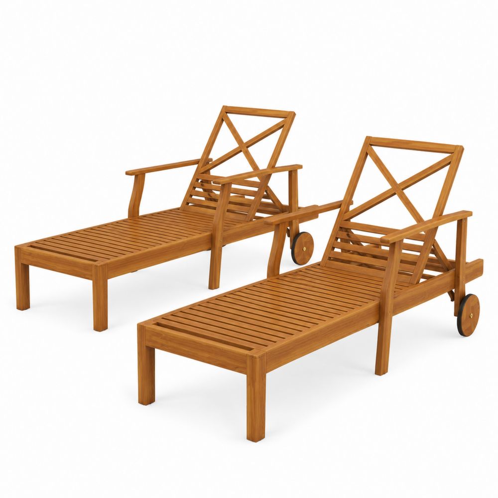 Juego de 2 tumbonas de madera de acacia con respaldo ajustable y ruedas