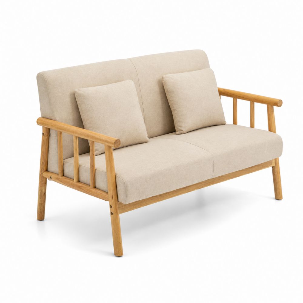 Sofá de dos plazas de madera con tapizado beige