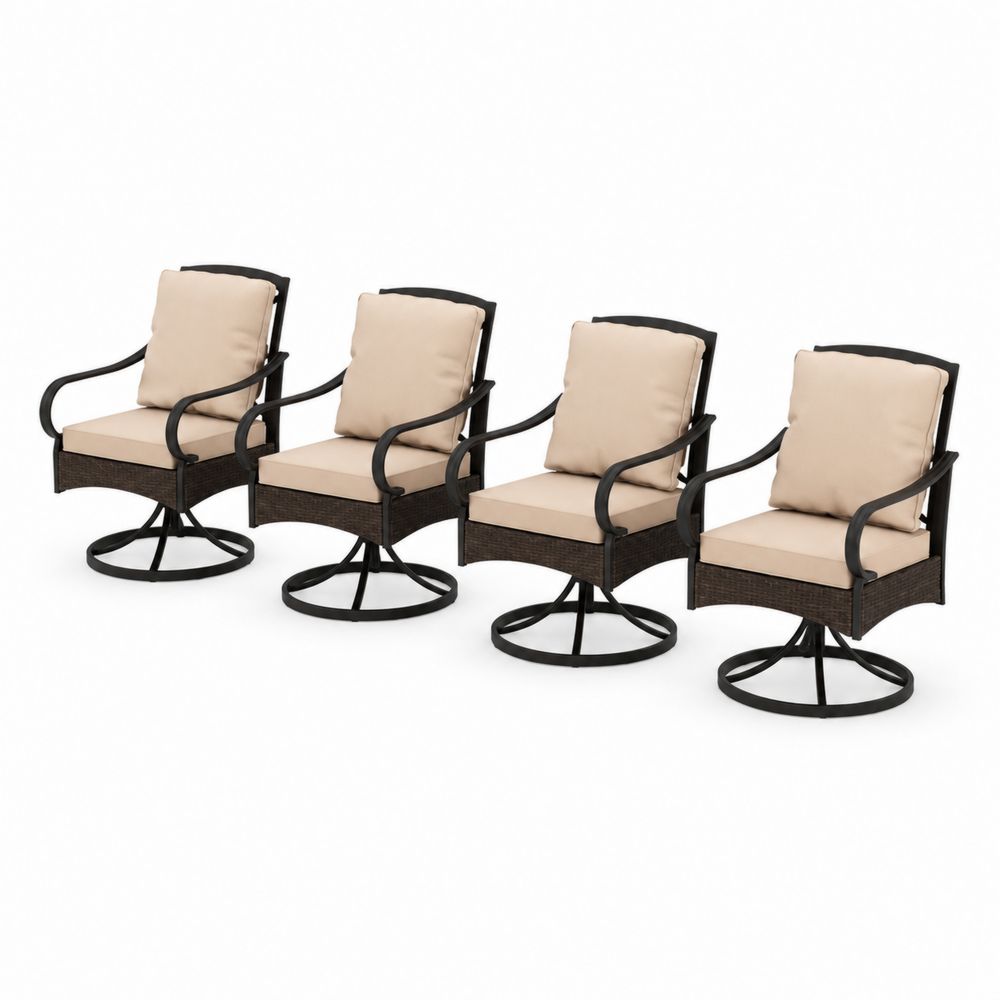 Juego de 4 Sillas Giratorias de Metal y Ratán con Cojines Beige para Exterior