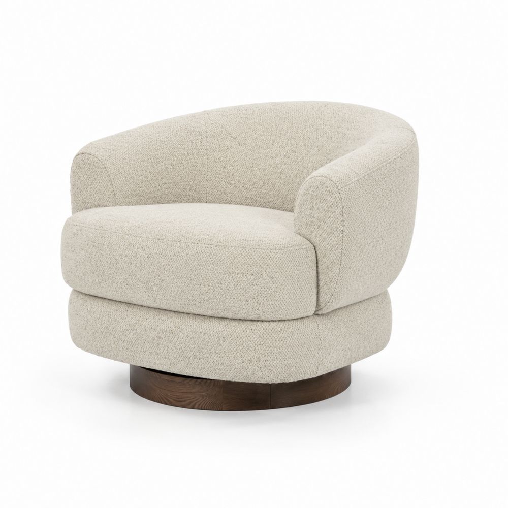 Silla giratoria de tejido beige con base de madera
