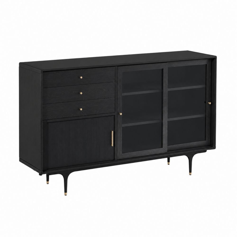 Aparador Negro con Puertas de Vidrio Templado y Cajones de Madera MDF