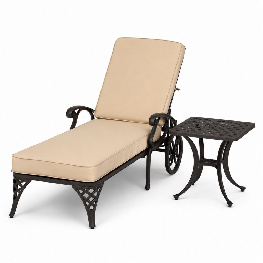 Conjunto de Tumbona y Mesa Exterior de Aluminio Negro con Cojín Beige