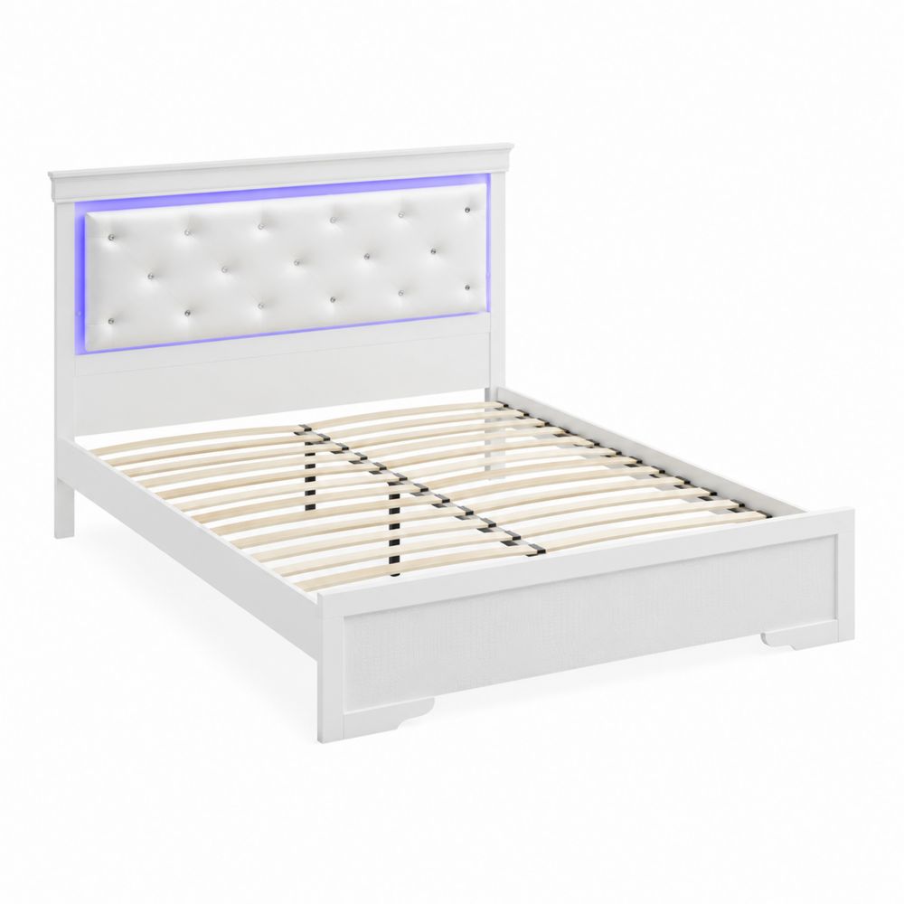 Cama de Matrimonio Blanca con Cabecero de Piel Sintética y LED