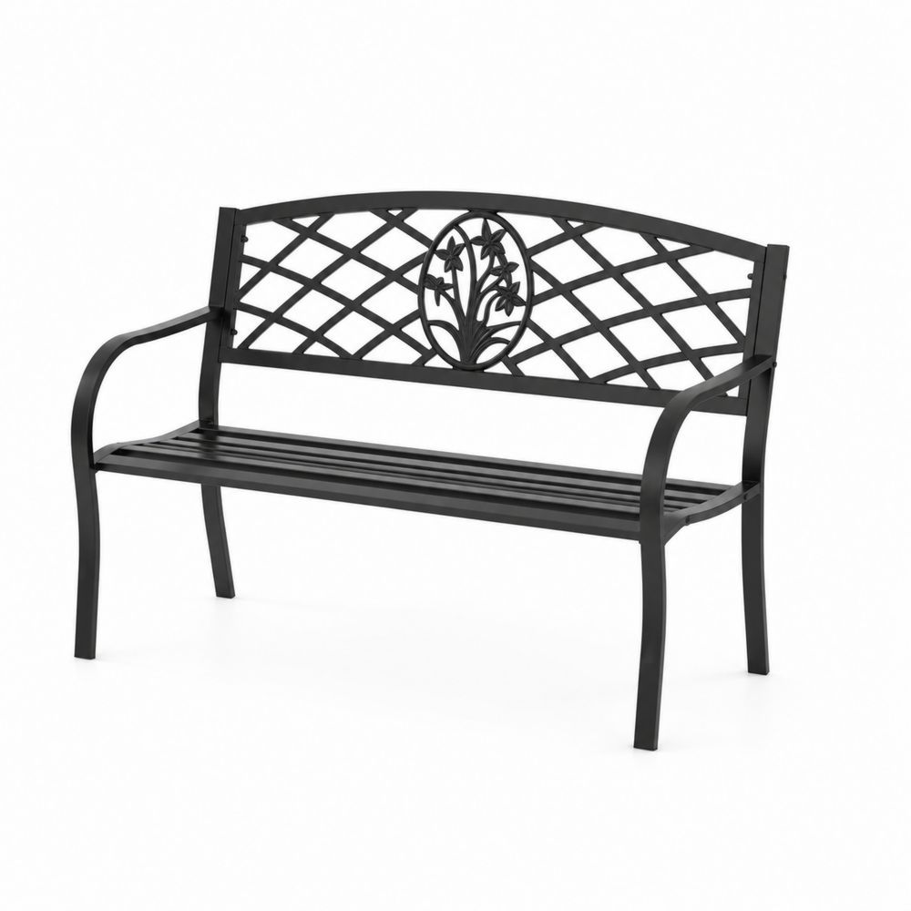 Banco de acero negro con respaldo decorativo