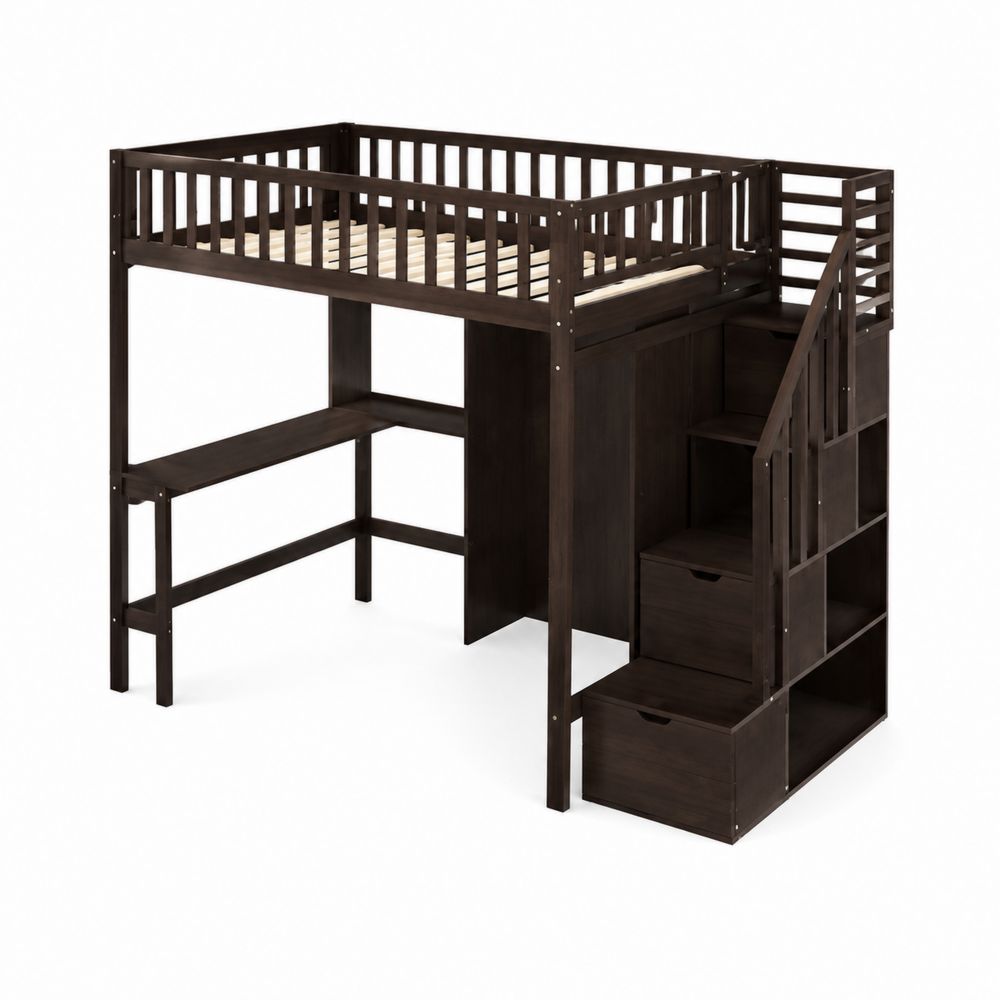 Cama alta de madera con escalera y escritorio, Marrón oscuro