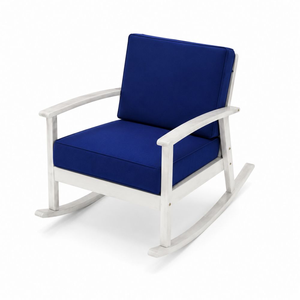 Silla mecedora de madera con cojines de algodón azul