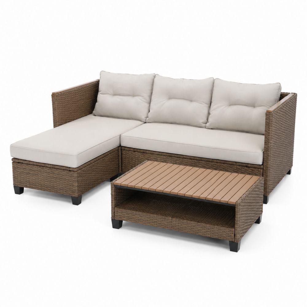 Conjunto Modular de Ratán en L con Cojines Beige y Mesa de Centro