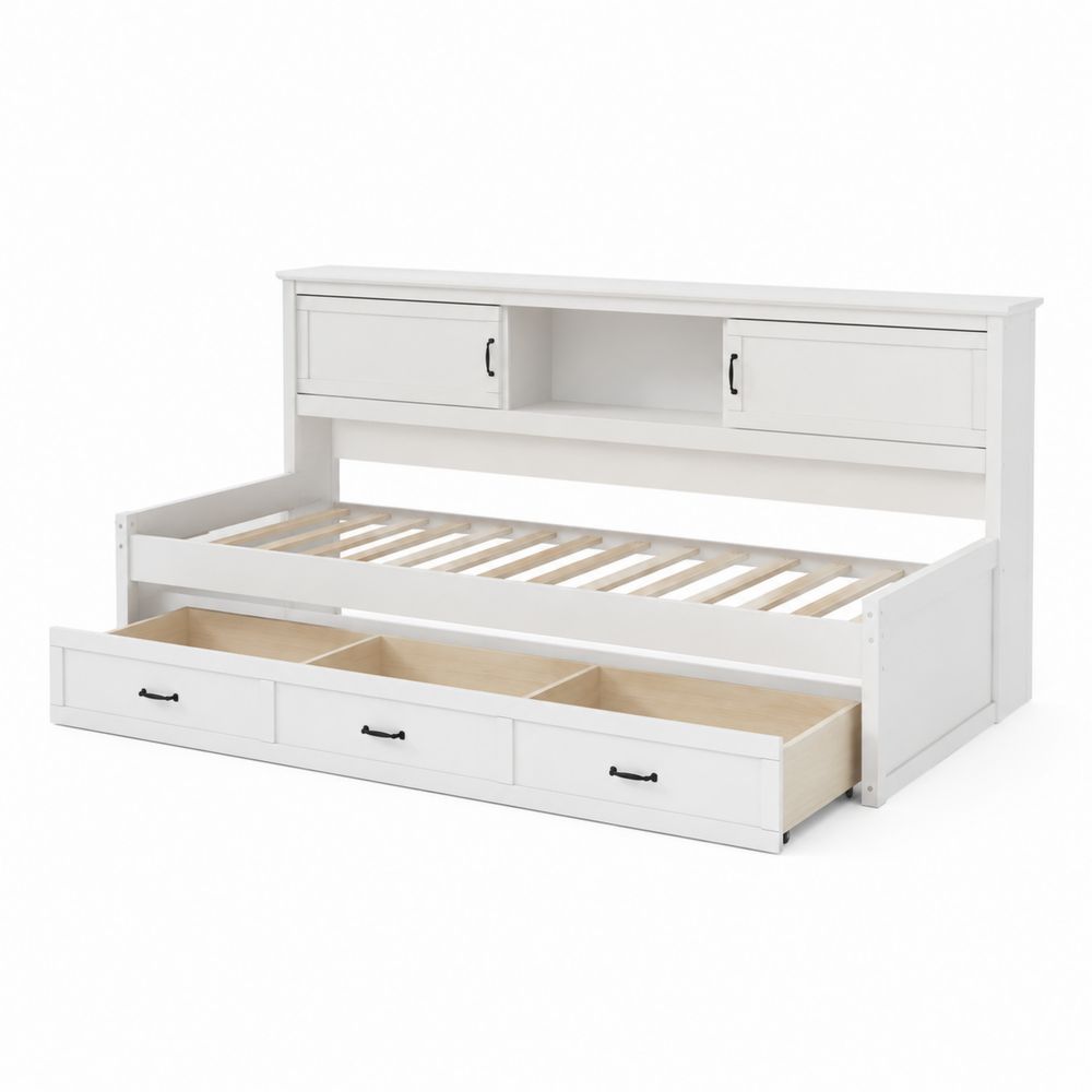 Cama Diván de Madera de Pino con Cajones y Estantería